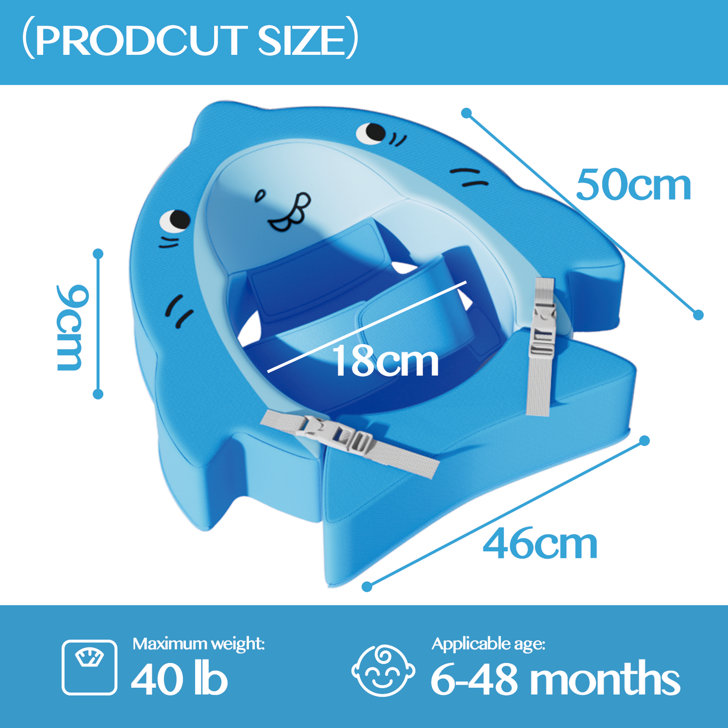 Non-Inflatable EPE Foam (Pearl Foam) Swim Trainer | Baby Swim Float (6-36 Months) | Adjustable & Puncture-Proof | Pool & Beach Safety Ring | Lovely Shark Design | Toddler & Infant Swim Aid (Blue/Yellow)