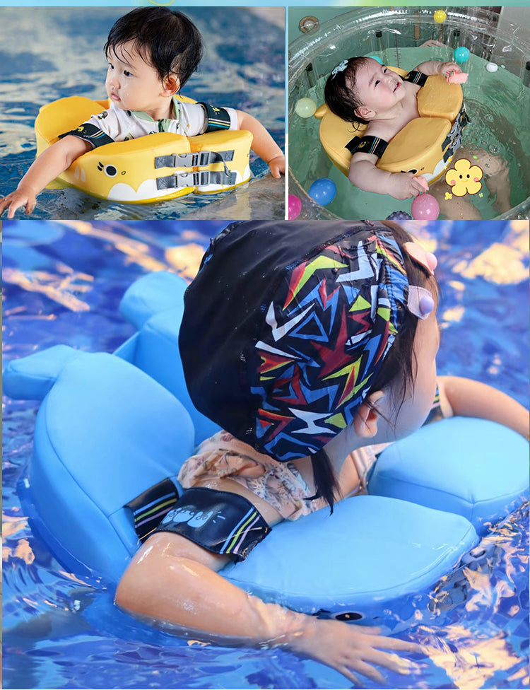 Non-Inflatable Baby Swim Float | Premium EPE Foam Swim Trainer with Neck Support | Puncture-Proof & No-Tip Safety Design | for Infants & Toddlers in Pool & Bathtub (Blue/Yellow)