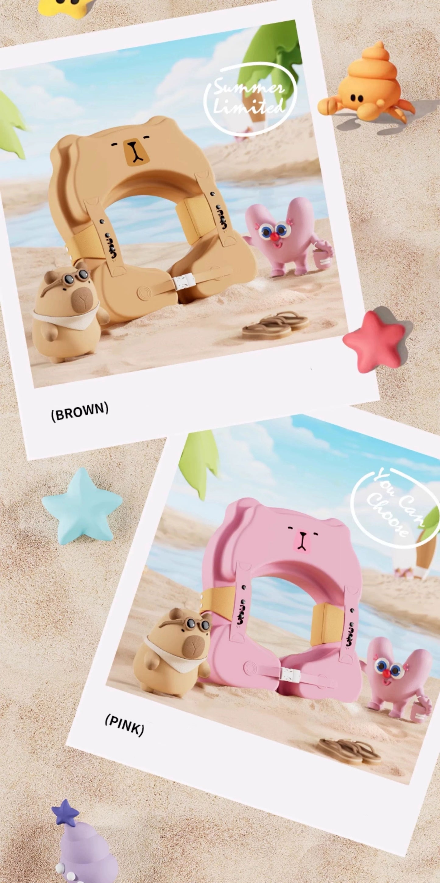 Non-Inflatable Baby Swim Float | Brown & Pink Cartoon Design | Puncture-Proof & No-Tip Safety Design | For Ages 1-6